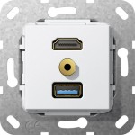 Gira 568003 Einsatz HDMI USB 3.0 Typ A und Miniklinke 3,5mm Kupplung HDMI+USB Kabelpeitsche Miniklinke Reinweiß glänzend 