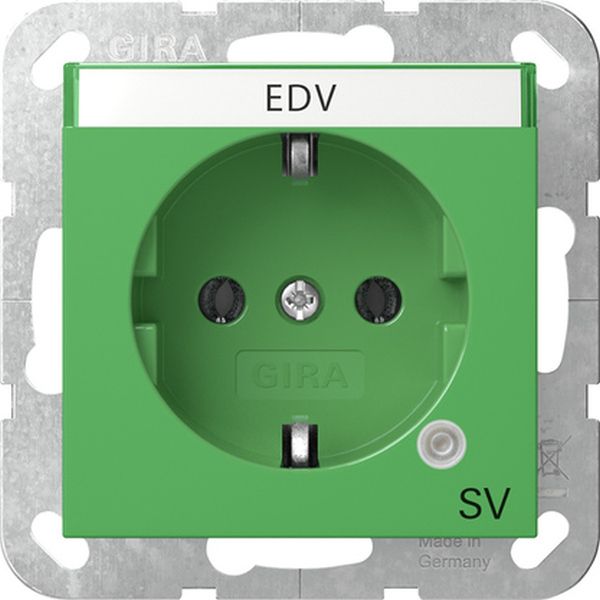 Gira 4452107 Schuko-Steckdose 16A 250V mit grünem Kontrolllicht und Beschriftungsfeld mit grüner Abdeckung und Aufdruck 'SV' (Sicherheitsversorgung) Grün glänzend