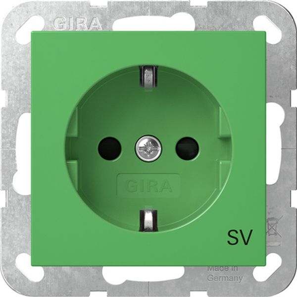 Gira 4453107 Schuko-Steckdose 16A 250V mit erhöhten Berührungsschutz (Shutter) mit grüner Abdeckung und Aufdruck 'SV' (Sicherheitsversorgung) Grün glänzend