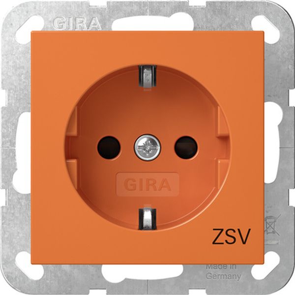 Gira 4453109 Schuko-Steckdose 16A 250V mit erhöhten Berührungsschutz (Shutter) mit oranger Abdeckung und Aufdruck 'ZSV' (zusätzliche Sicherheitsversorgung) Orange glänzend