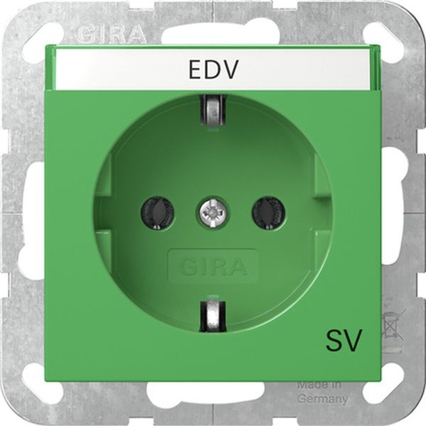 Gira 4457107 Schuko-Steckdose 16A 250V mit Beschriftungsfeld mit grüner Abdeckung und Aufdruck 'SV' (Sicherheitsversorgung) Grün glänzend