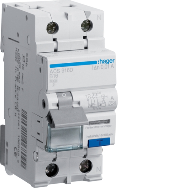 Hager ACS916D FI/LS Fehlerstrom-Leitungsschutzschalter 1P+N 6kA B-16A 10mA Typ A QuickConnect