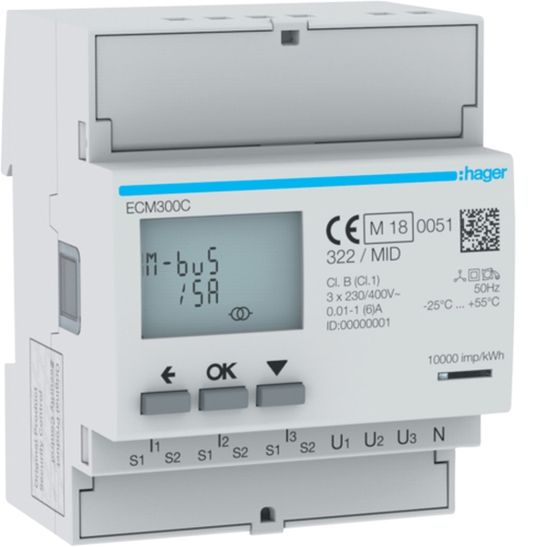 Hager ECM300C Energiezähler 3phasig für Wandlerverähltnis 1A oder 5A 4TE MBUS MID