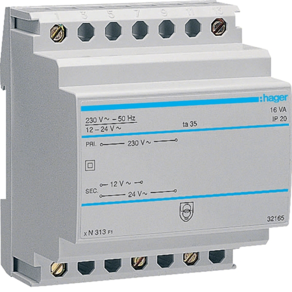 Hager ST313 Sicherheitstrafo 230V / 12V und 24V 16VA 4PLE