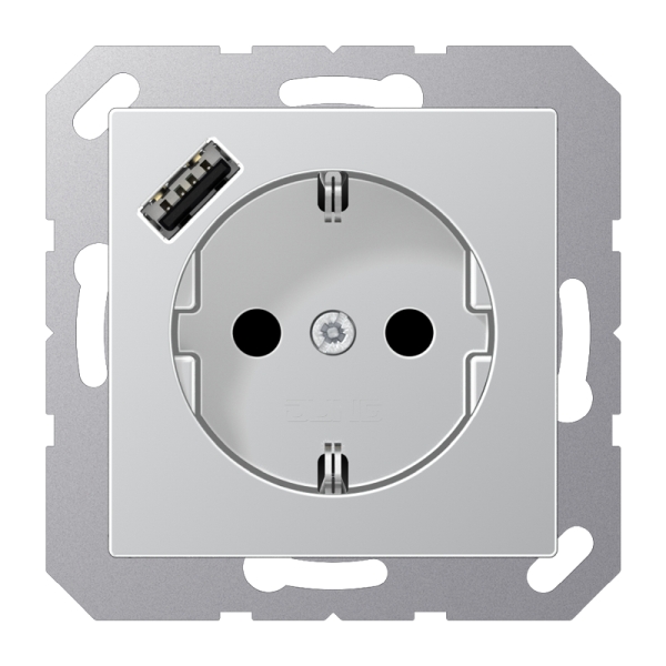 Jung A1520-18AAL SCHUKO Steckdose 16A 250V mit USB-Ladegerät 1xTyp A integrierter erhöhter Berührungsschutz SAFETY+ Serie A aluminium