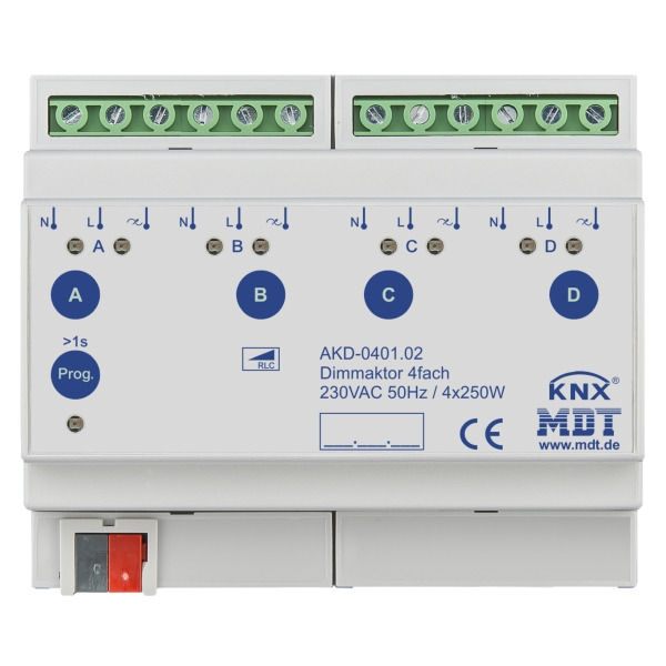 MDT AKD-0401.02 KNX Dimmaktor 4-fach 6TE REG 250 W 230 V AC mit Wirkleistungsmessung