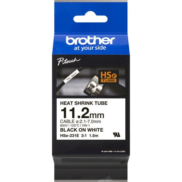 Brother HSe-231E Schrumpfschlauchkassette weiß schwarz 11,2mm 1,5 Meter